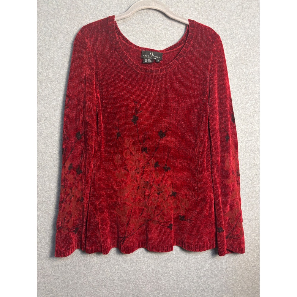 VTG Carole Little Chenille Sweater M Red Floral Whimsigoth Destroyed Grunge Mesh
